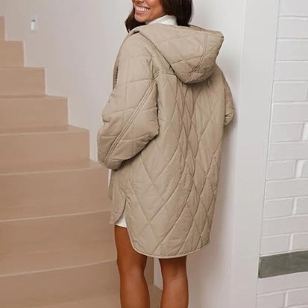 Women Oversized Snap Quilted Casual Hooded Loose Fit Winter Coat w/ Pockets Sz L - Picture 6 of 6
